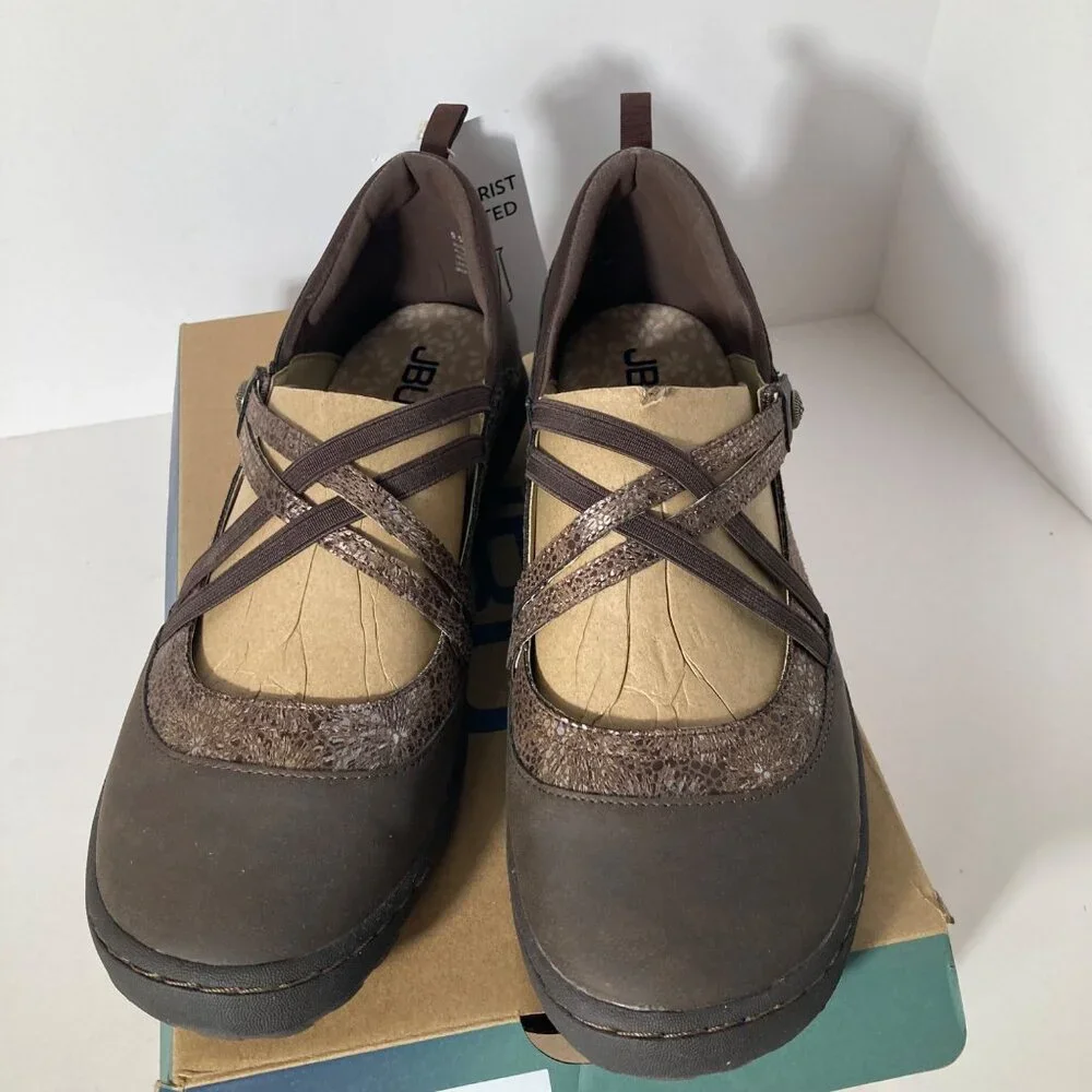 Womens JBU Rome Maryjane Shoe‎ Flats Leather Textile Brown Print 9.5 NIB